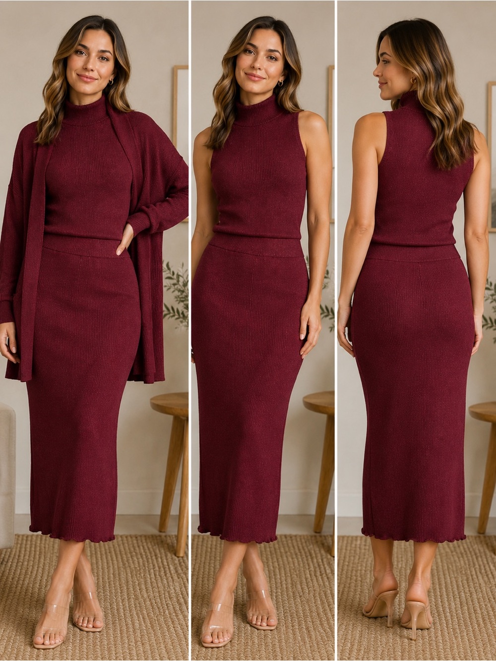 Ribbed Sleeveless Mock Neck Tank - Wine